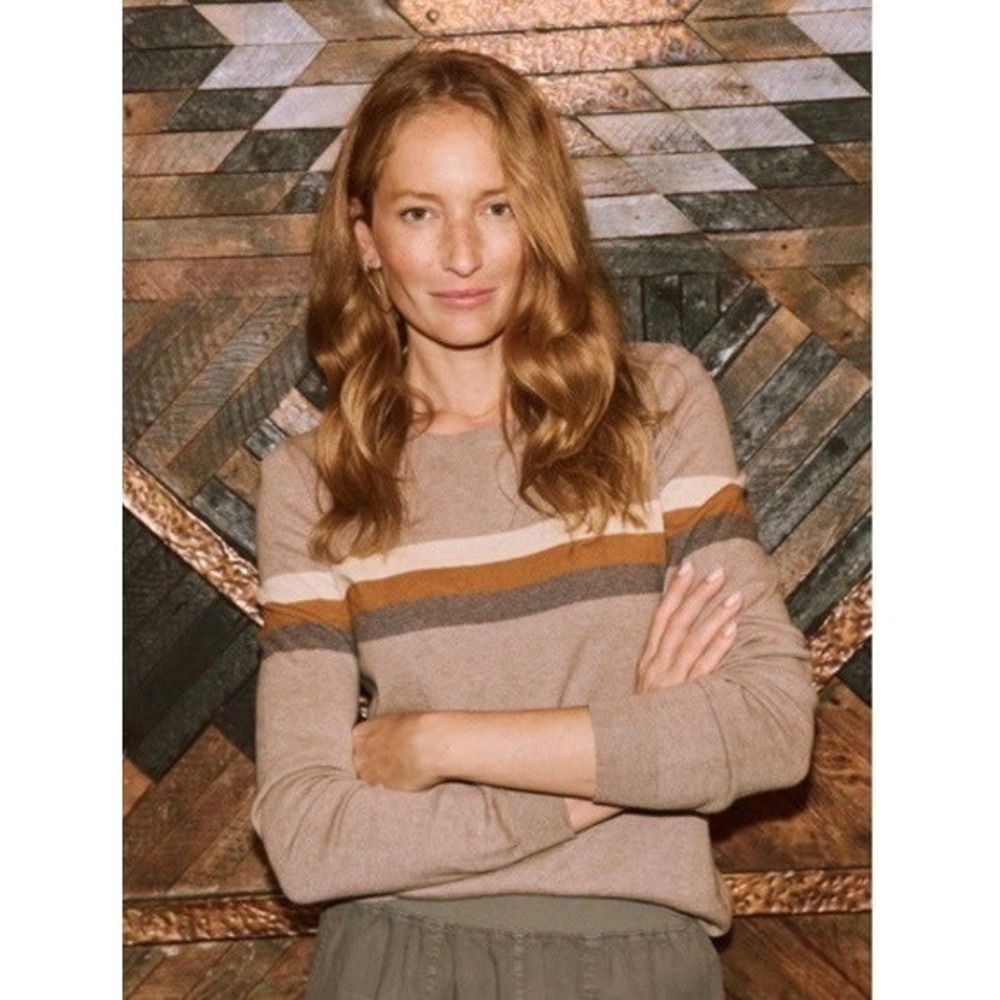 Faherty Horizon Surf Sweater Womens XS Tan‎ Striped Organic Cotton Cashmere Crew